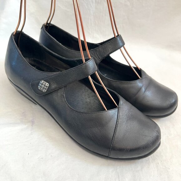 Dansko mary jane shoes Opal EU 37 US 6.5 7 black leather flat ankle strap - Picture 1 of 13